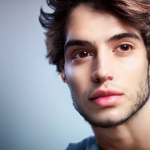 Image similar to beautiful male angel, Latino, asymmetrical face, ethereal volumetric light, sharp focus