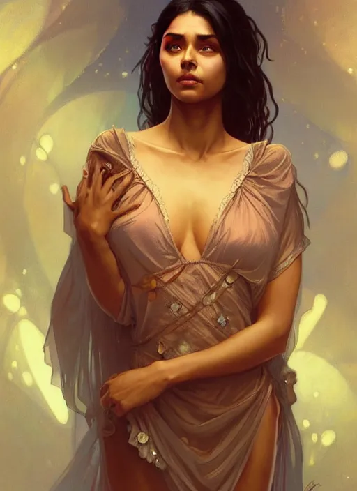 Image similar to cute brown woman wearing a transparent night gown, fantasy, intricate, highly detailed, digital painting, artstation, concept art, wallpaper, smooth, sharp focus, illustration, art by artgerm and greg rutkowski and alphonse mucha