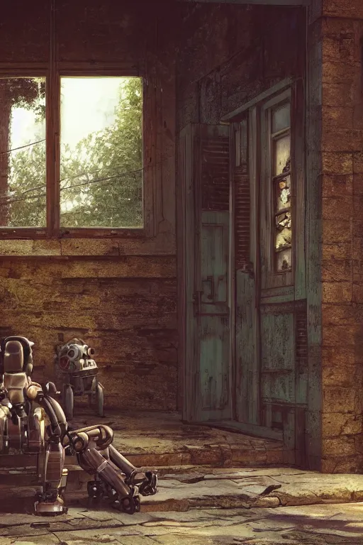 Prompt: a big old rusty robot and a boy sitting on the porch of an old house, by artgerm, by greg rutkowski, octane render, hd