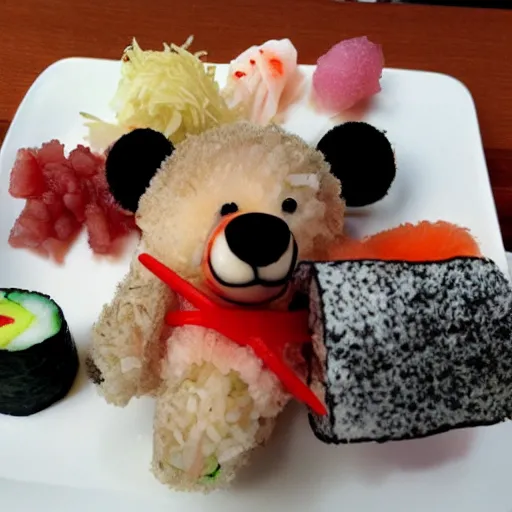 Prompt: teddy bear eating sushi