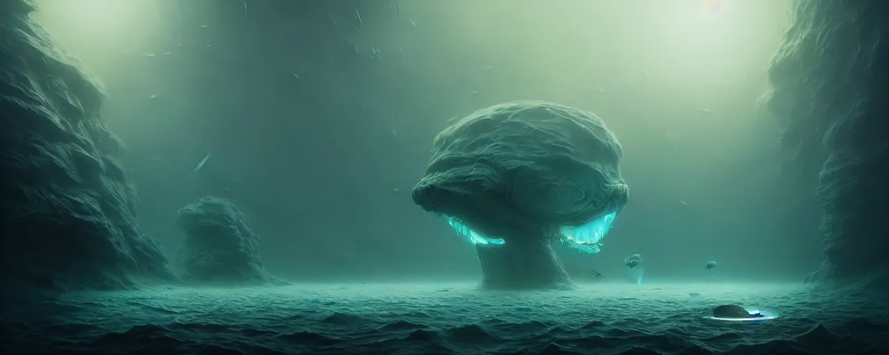 Image similar to ultra realistic muted colors horror photo of a dimly lit alien underwater landscape, very intricate details, focus, full frame image, high contrast, cgi render, artwork by tooth wu and wlop and beeple and greg rutkowski, award winning