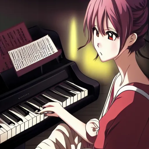 Image similar to anime key visual, a woman playing the piano with emotion, perspective piece