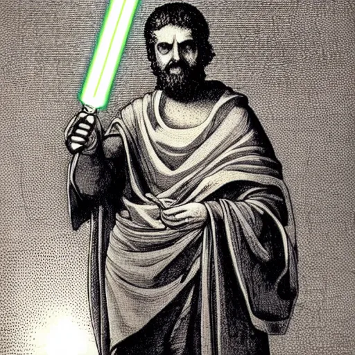 Image similar to Plato as a cyborg holding a lightsaber