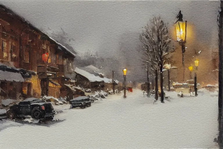 Image similar to small miniature art on watercolor paper, paint brush strokes, abstract watercolor painting of western town, snowy weather, winter, american frontier, midday sharp light, dust, cinematic light, american romanticism by hans dahl, by jesper ejsing, by anders zorn, by greg rutkowski, by greg manchess, by tyler edlin