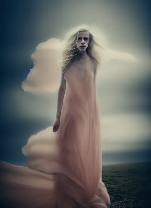 Prompt: portrait photography of a beautiful woman, in fine art photography style of Giovanni Gastel , brit marling style 3/4 , natural color skin pointed in rose, the hair is like stormy clouds, full body dressed with a ethereal transparent voile dress, elegrant, 8K, soft focus, melanchonic soft light, volumetric dramatic lighting, highly detailed Realistic, hyper Refined, Highly Detailed, natural point rose', outdoor soft lighting, soft dramatic lighting colors scheme, soft blur lighting, fine art fashion photography