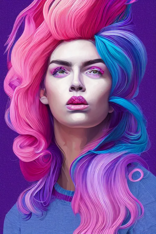 Prompt: a award winning half body portrait of a beautiful woman in a winter sweater with ombre purple pink blue hairstyle with head in motion and hair flying by sandra chevrier, outrun, vaporware, illustration, digital art, trending on artstation, highly detailed, fine detail, intricate