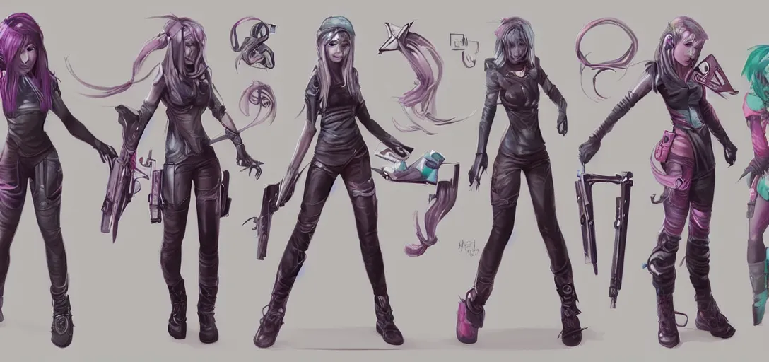 Prompt: character sheet concept art of female video game characters, renaissance, futurepunk, bright, parkour, rebel, by marc brunet and artgerm