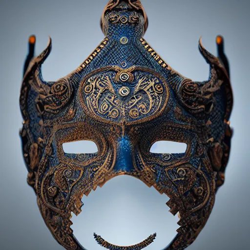 Image similar to an elaborate intricate mask made of water, rendered in octane, behance hd, bokeh obsidian backdrop