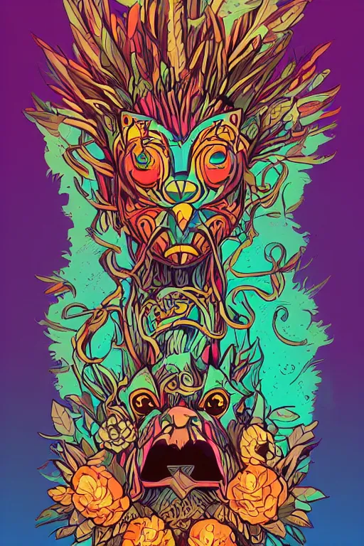 Image similar to animal mask totem roots flower tribal feather gemstone plant wood rock shaman vodoo video game vector cutout illustration vivid multicolor borderlands comics by josan gonzales and dan mumford radiating a glowing aura