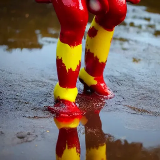 Prompt: Close up photograph of Ronald McDonald emerging from a dirty puddle, white facepaint, red afro, red round nose, yellow jumpsuit!! creepy smile!!!, highly detailed, F32