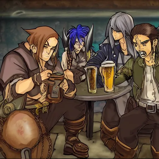 Prompt: anime style warcraft 3 characters drinking beer in postapocalyptic bar, arthas, nerzul, archimond, ktun, nzoth