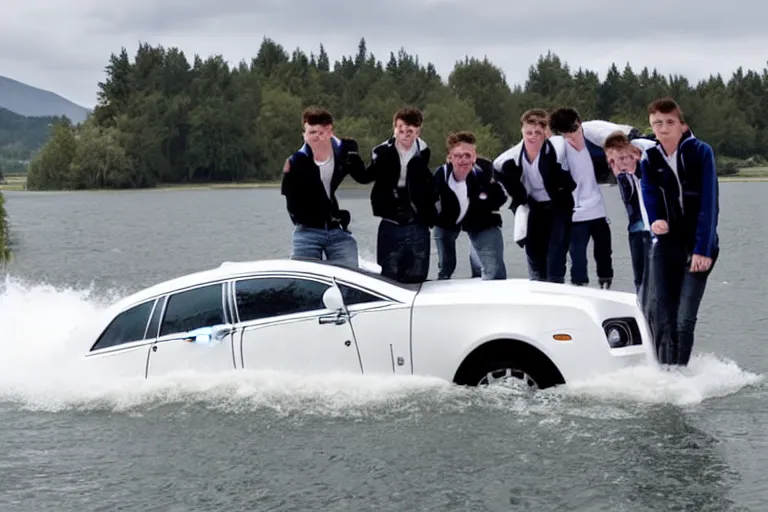 Prompt: Group of teenagers push Rolls-Royce into lake with their hands from a small slide wanting to drown him