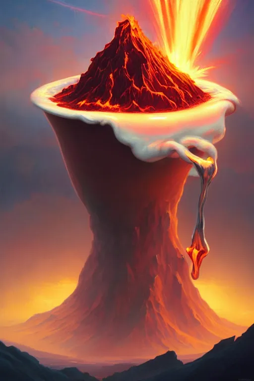 Image similar to coffee cup with volcano erupting inside the whipped cream on top of the cup, stephen bliss, unreal engine, fantasy art by greg rutkowski, rhads, ferdinand knab, makoto shinkai and lois van baarle, ilya kuvshinov, rossdraws, tom bagshaw, global illumination, radiant light, red blue theme, pine forest