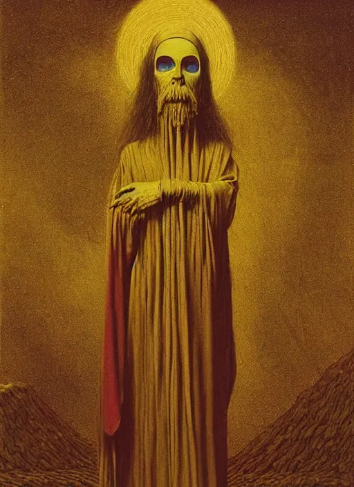 Prompt: portrait of a pagan cultist in fancy robes with a lot of gold by beksinski