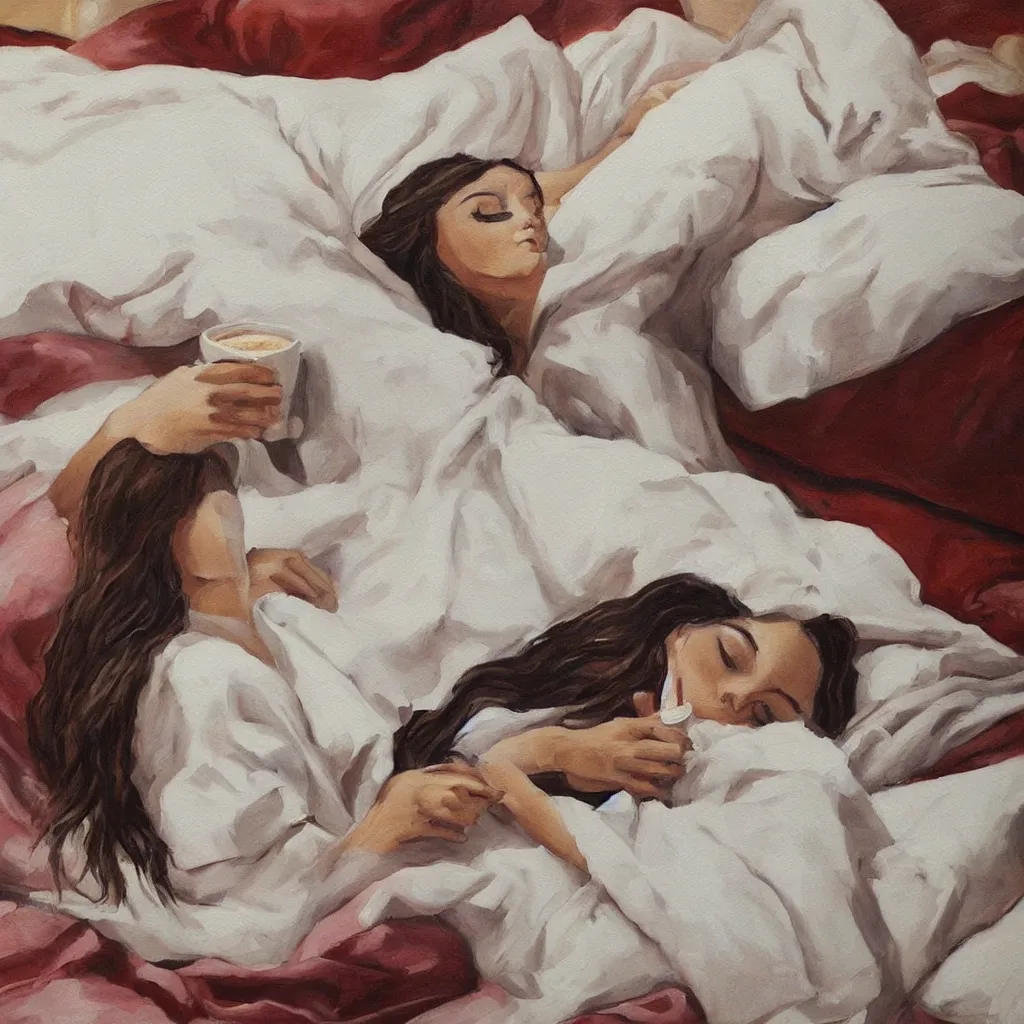 Image similar to a beautiful painting of a beautiful far woman drinking coffee in a bed with white sheets drinking coffee