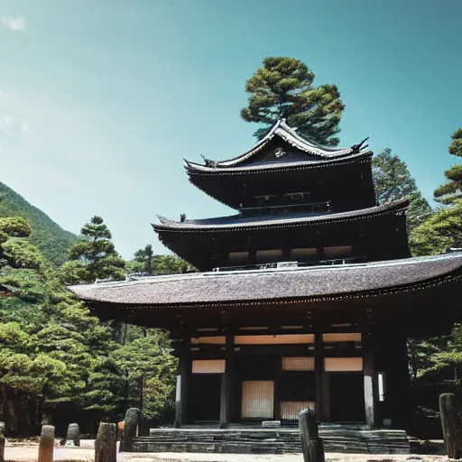 Prompt: giant japanese temple in the mountains, rocks, trees, beautiful natural light, cinematic, amazing