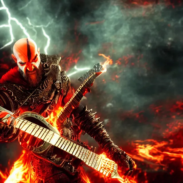 Image similar to glowing eyes evil kratos shredding on a flaming stratocaster guitar, cinematic render, god of war 2 0 1 8, santa monica studio official media, flaming eyes, lightning