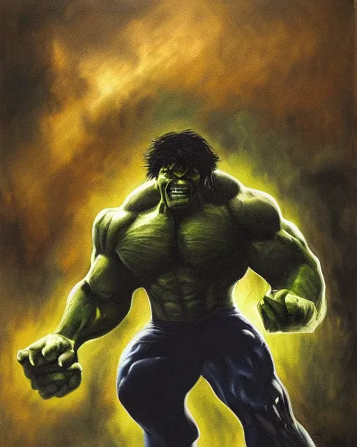 Prompt: a moody painting of the incredible hulk looking angry and breaking through a brick wall