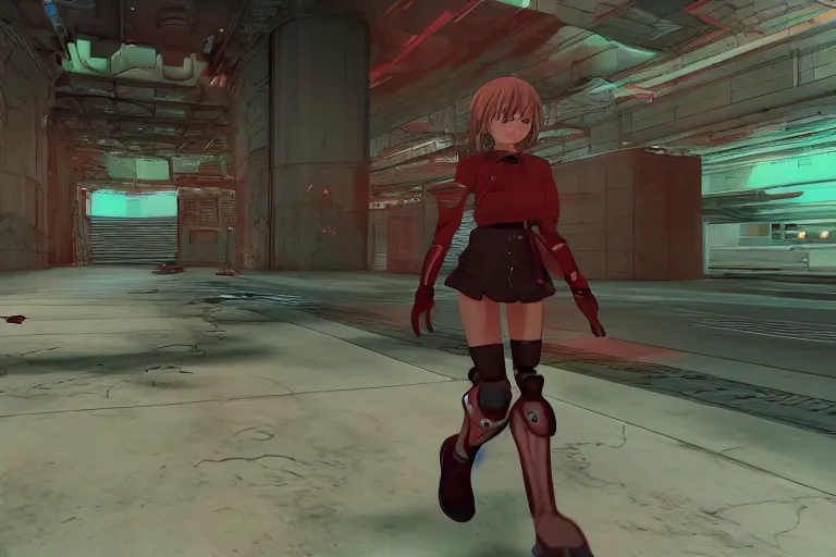 Image similar to an anime girl in a screenshot of the video game doom, the anime girl is running