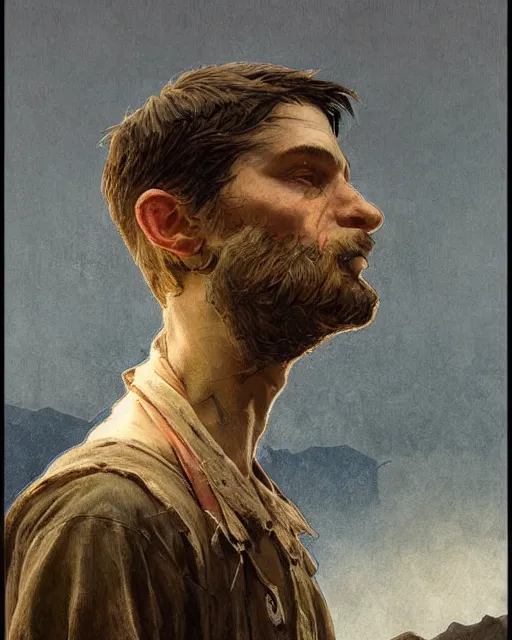 Image similar to side portrait of an Appalachian boy playing with dusty detailed features, dirt, prohibition era, Appalachian mountains, sharp focus, illustration, highly detailed, oil painting, matte, art by Greg Rutkowski and Alphonse Mucha, masterpiece