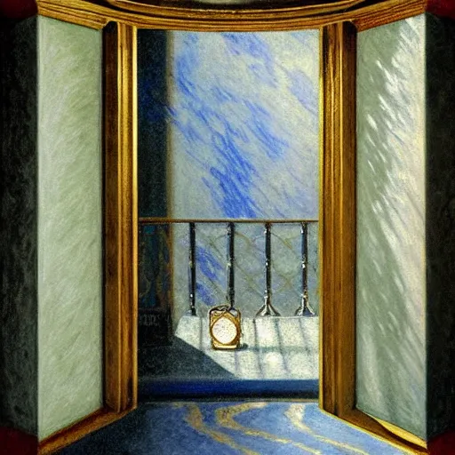 Prompt: still life painting of a room with a balcony and a marbled pedestal displaying an ancient holy artifact, centered in frame and shaped like signet ring, chromed and ornate with gentle iridescent shine from within. perspective from the side. realistic light and shadows. moody fantasy art, still life renaissance pastel painting. by monet