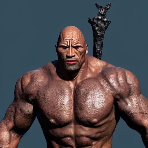 Image similar to dwayne the rock johnson demon. eldenring boss, zbrush, arnold render, unrealengine 5, dark souls, horror, extremely detailed