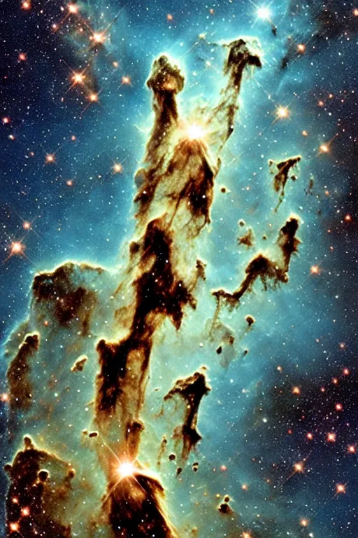 Image similar to Pillars of Creation. elephant trunks of interstellar gas and dust in the Eagle Nebula in the Serpens constellation. HR Giger, oil on canvas. Hubble Space Telescope. Stars. NASA. Milky Way Galaxy. detailed. high resolution.