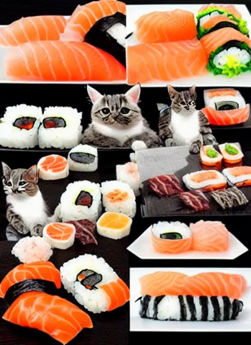 Image similar to clear photorealistic picture of adorable cats made out of sushi