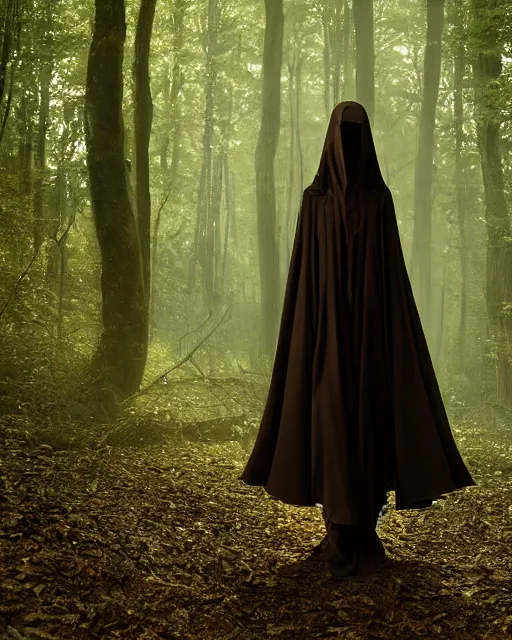 Prompt: portrait of cloaked figure, in a forest, long brown hair, woman, fashion pose, long lens, wide low angle, 7 0 mm film, technicolor, baroque renaissance. photo by philip - daniel ducasse and yasuhiro wakabayashi and jody rogac and roger deakins, telephoto, intricate, elegant, global illumination. vfx