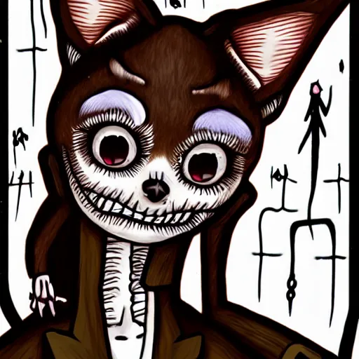 Prompt: a dark brown humanoid chihuahua, hyper detailed, in the style of junji ito and and junji ito and junji ito, selfie