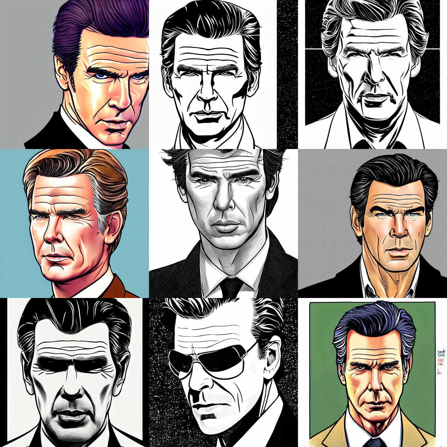 Prompt: centered cell shaded! head portrait of pierce brosnan 0 0 7 llustration, art by laurie greasley