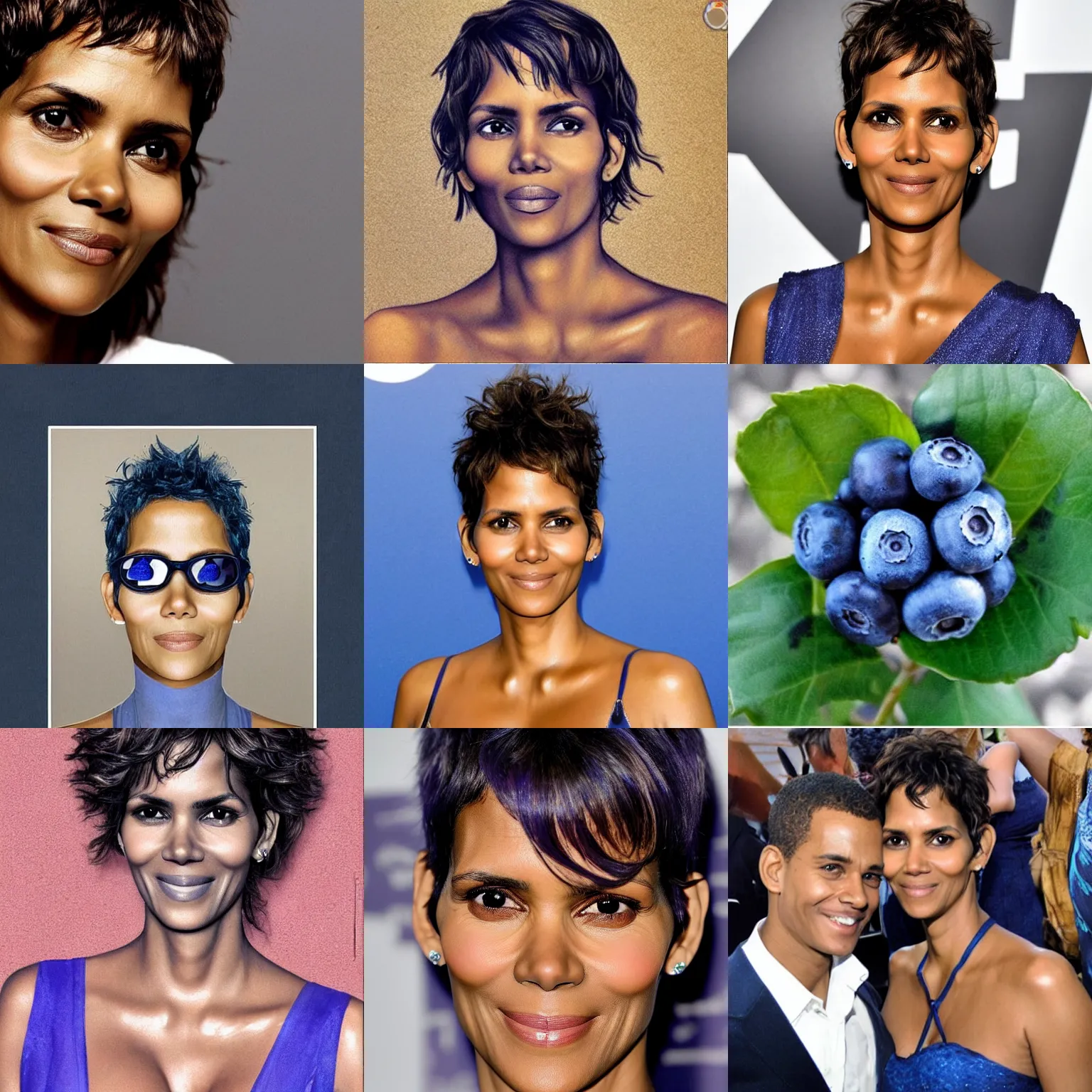 Prompt: a blueberry!!!!!!! with the face of halle berry