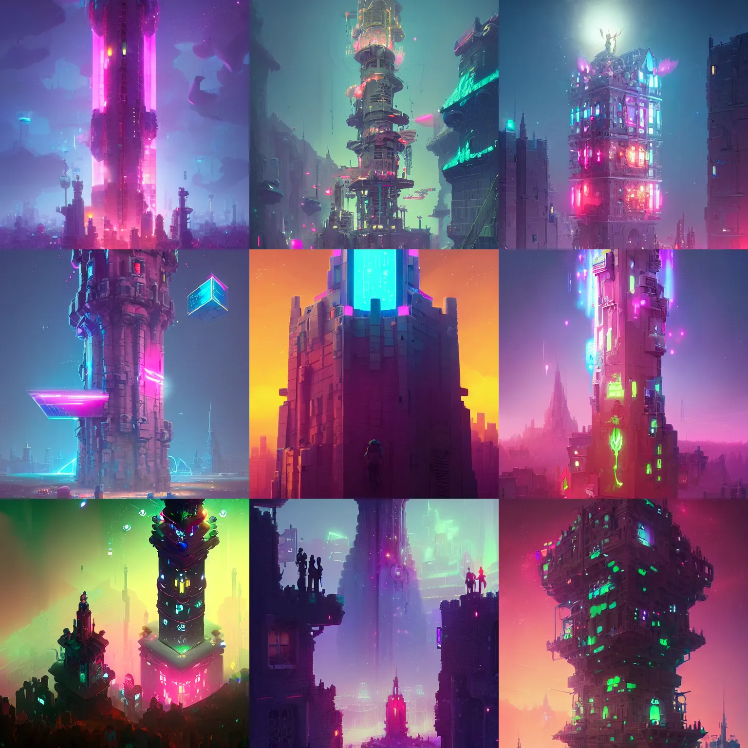 Prompt: a tower with walls showing stars, glowing neon pink blocks floating around, by peter mohrbacher dan mumford craig mullins nekro, cgsociety, pixiv, volumetric light, 3 d render