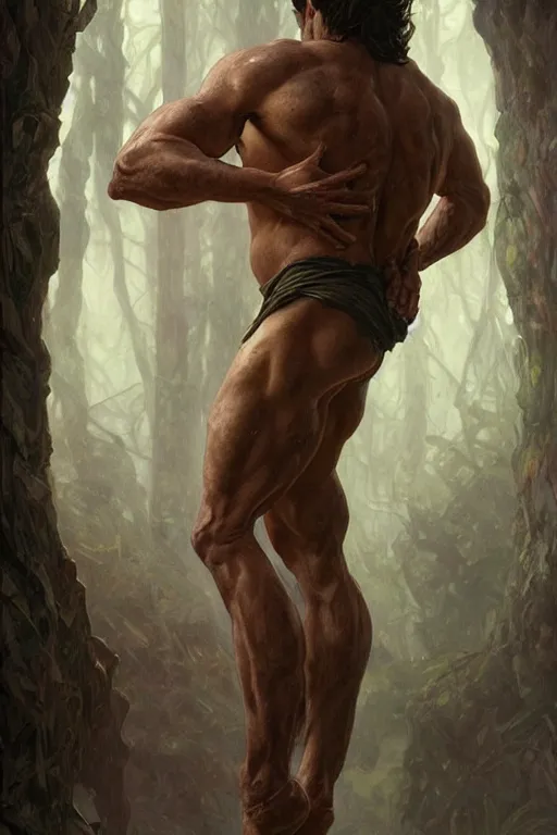 Image similar to portrait of a depressed herculian man, forest, full body, muscular, fantasy, intricate, elegant, highly detailed, digital painting, artstation, concept art, sharp focus, illustration, art by artgerm and greg rutkowski and alphonse mucha