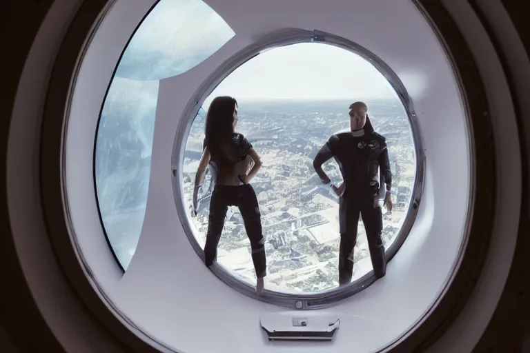 Image similar to sci-fi scene of space tourists in glamourous spaceship bedroom looking out large circular window at earth orbit By Emmanuel Lubezki