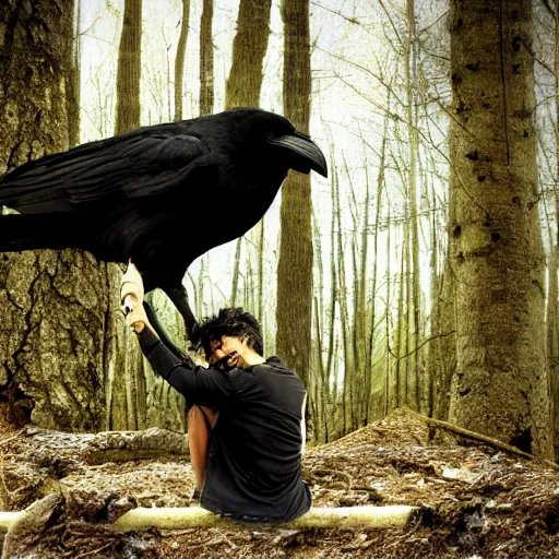 Prompt: male human and crow!! chimera, photograph captured in a forest