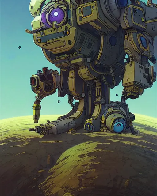 Image similar to bastion from overwatch, character portrait, portrait, close up, concept art, intricate details, highly detailed, vintage sci - fi poster, retro future, in the style of chris foss, rodger dean, moebius, michael whelan, katsuhiro otomo, and gustave dore