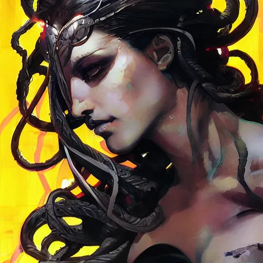 Image similar to a dramatic side portrait painting of a medusa. her face is covered by a veil, and light is glowing. art by yoji shinkawa and sandra chevrier, trending on artstation, award - winning, perfect composition.