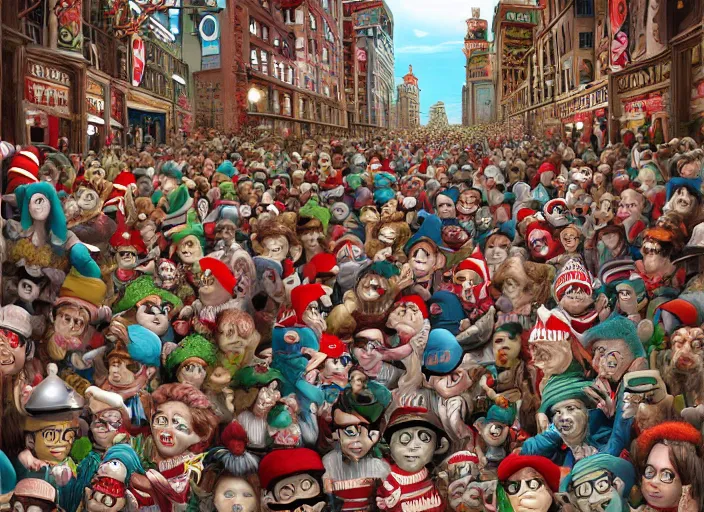 Prompt: where is waldo digital art, lowbrow, matte painting, 3 - d highly detailed, in the style of mark ryden,