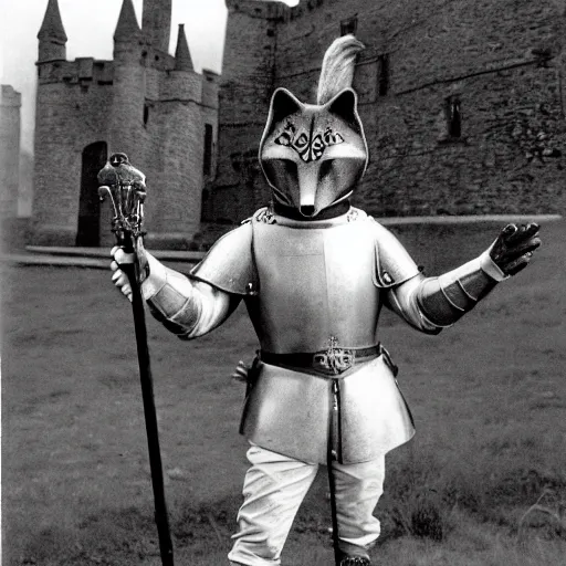 Image similar to anthropomorphic fox!! who is a medieval knight holding a swo - rd towards a stor - my thundercloud [ 1 9 3 0 s film still ], ( castle in the background )