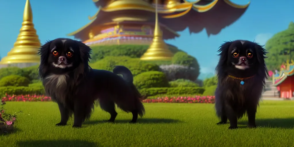 Image similar to a wholesome animation key shot of a black tibetan spaniel, thai temple in the background, studio ghibli, pixar and disney animation, sharp, rendered in unreal engine 5, anime key art by greg rutkowski, bloom, dramatic lighting