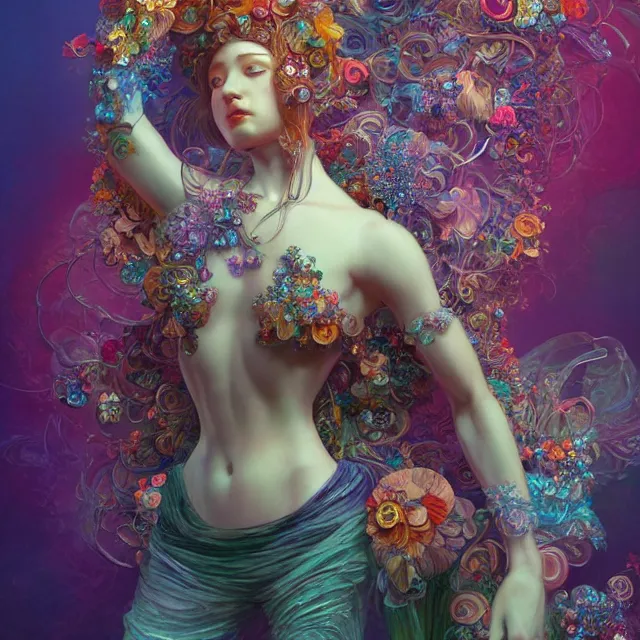 Prompt: a stunning rendition of full-body female sculpture made of fractal gems, fractal crystals, very intricate, hyper realistic, octane render, very colorful, vibrant, cinematic, amazing details, by james jean, by brian froud, by ross tran, by alphonse mucha