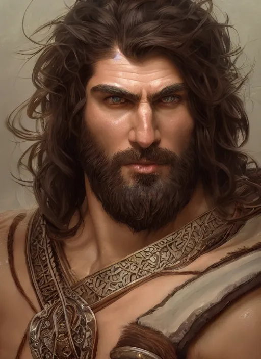 Prompt: portrait of a herculean man with brown hair and no beard, style of god of war, swarm of sand, intricate, elegant, highly detailed, digital painting, artstation, concept art, smooth, sharp focus, illustration, art by artgerm and greg rutkowski and alphonse mucha, 8 k