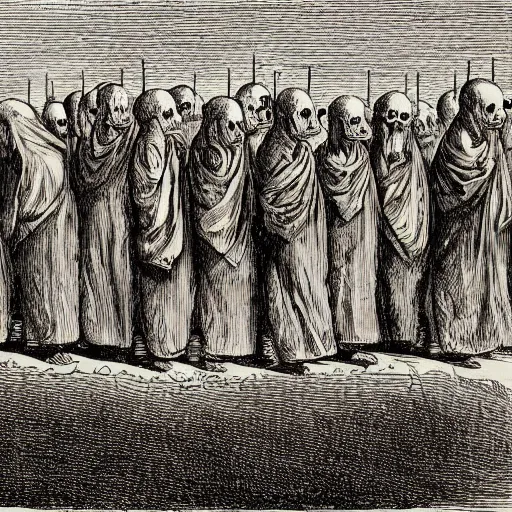 Prompt: illustration of tall monks walking in line holding candles and skulls, ralph steadman, de vinci, francisco goya