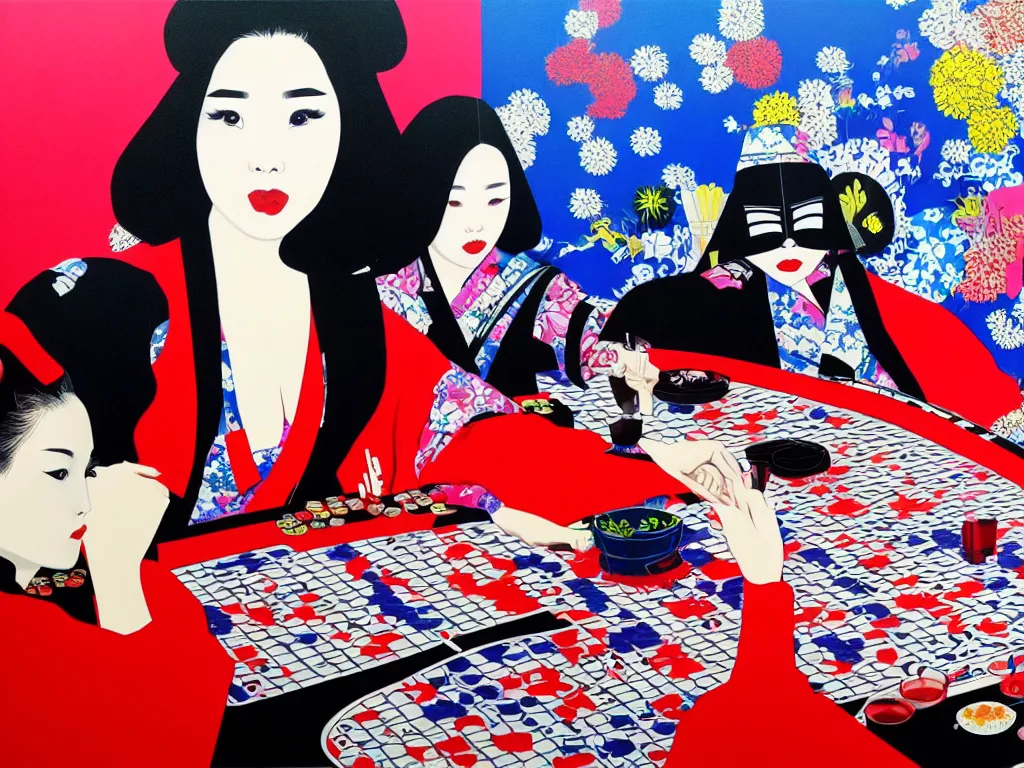 Prompt: hyperrealistic composition of the detailed woman in a japanese kimono sitting at a poker table with darth vader, fireworks, waves in the ocean with mountains in the background, pop - art style, jacky tsai style, andy warhol style, acrylic on canvas
