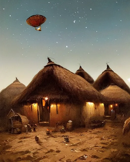 Prompt: Painting by Greg Rutkowski, a big ceramic jug with a gold ornament flies high in the night sky above a small village with built-up huts under thatched roofs