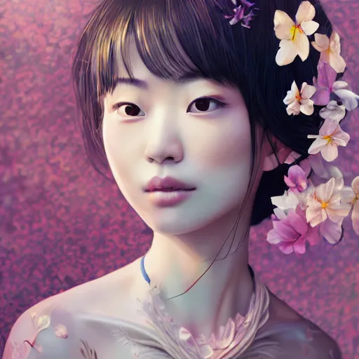 Image similar to the portrait of an absurdly beautiful, graceful, elegant young japanese woman made of bananas and petals looking up, an ultrafine detailed illustration by kim jung gi, irakli nadar, intricate linework, bright colors, octopath traveler, final fantasy, angular, unreal engine 5 highly rendered, global illumination, radiant light, detailed and intricate environment