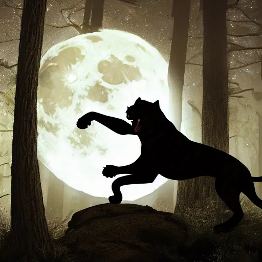 Image similar to a panther roaring at the moon in a forest during the night, large moon in the center. trending on artstation. cinematic. photoreal. dark colors. night.