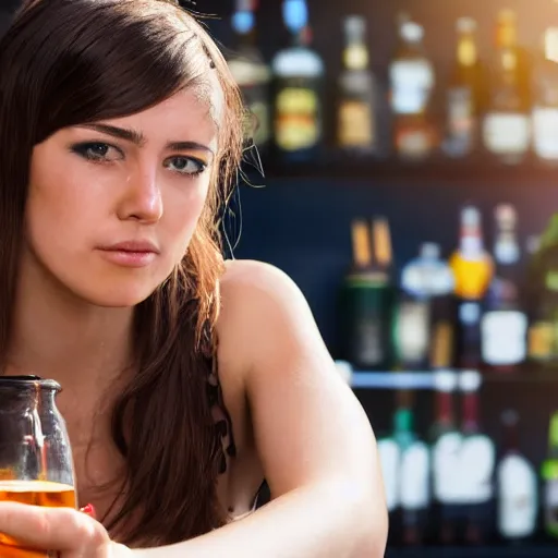 Prompt: a tired and over-heated young female bartender with brown hair serving people alcohol under the hot sun, photograph, 4k