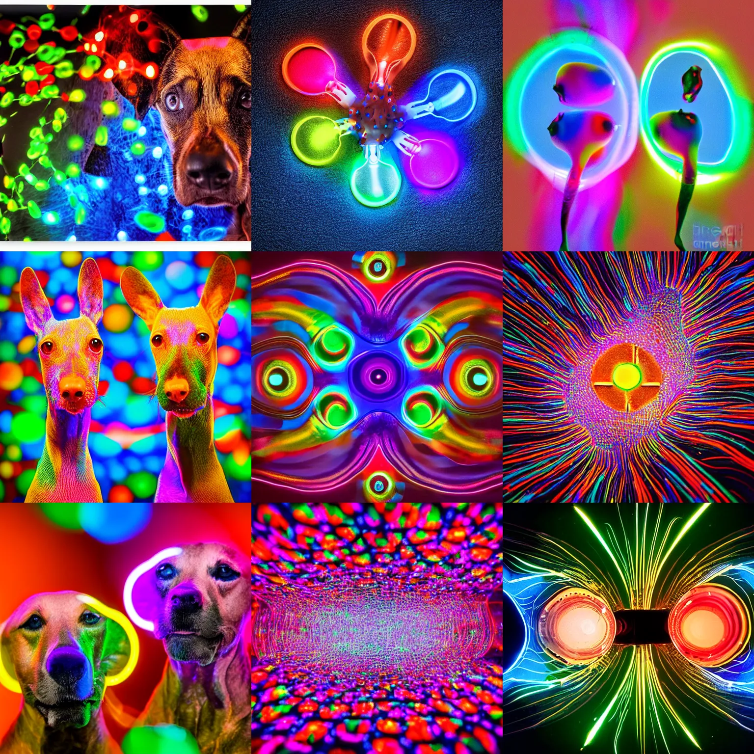 Prompt: quantum connections represented as symbiotic organisms like cells playing around with colorful lights by elke vogelsang